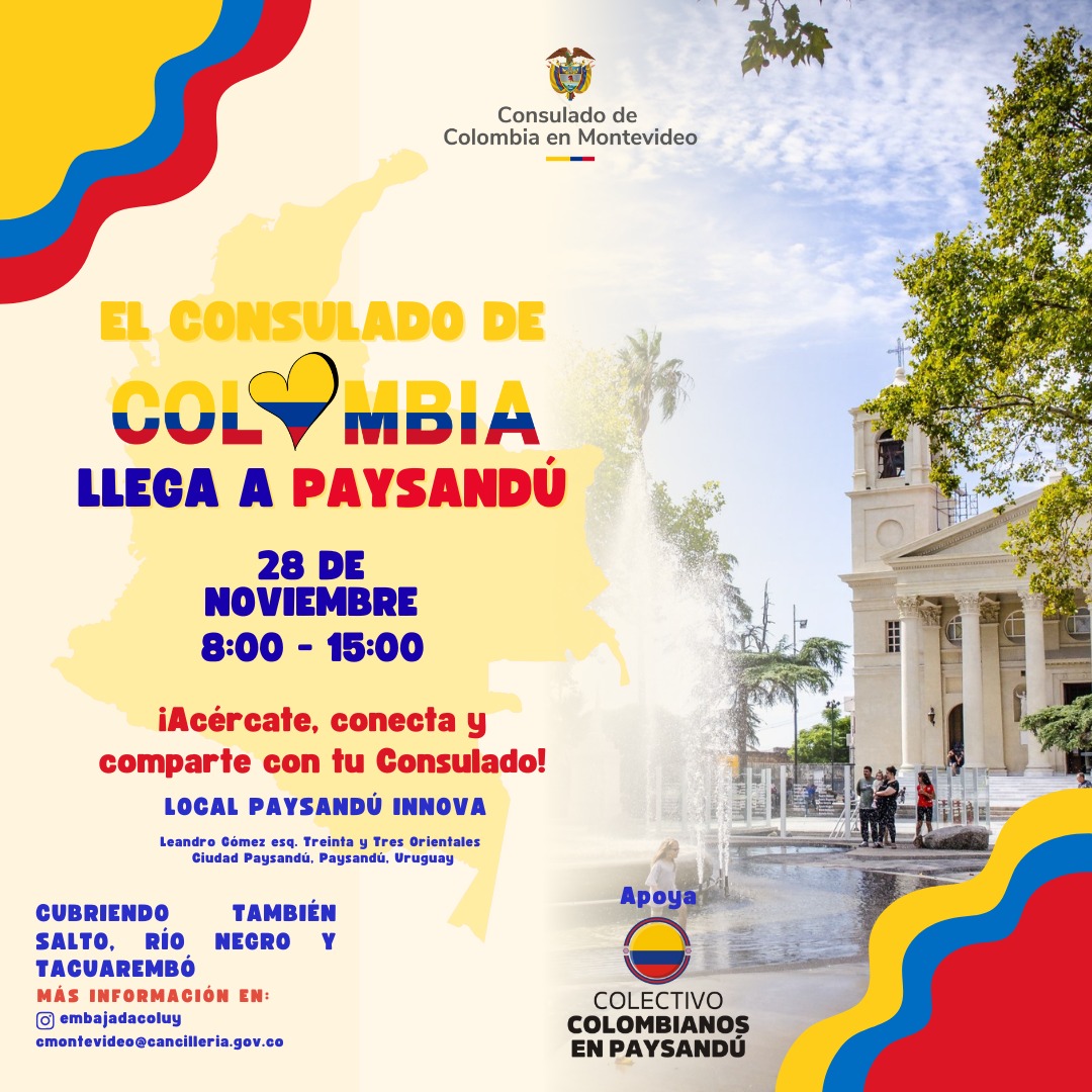 El Consulado de Colombia en Montevideo realizará un Consulado Móvil en Paysandú - Uruguay el 28 de noviembre de 2025